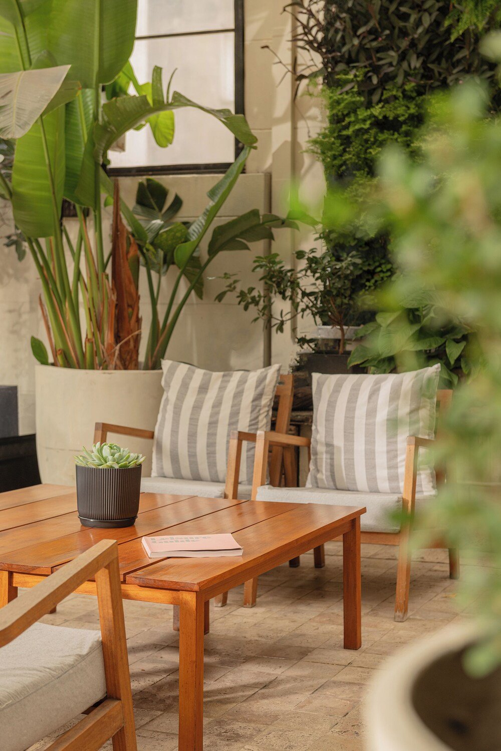 Wooden table with a potted plant at Hub Porteño