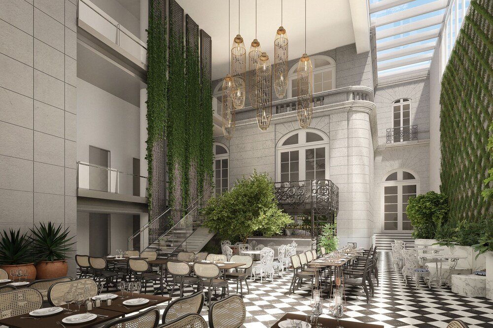 Spacious indoor dining area with several tables