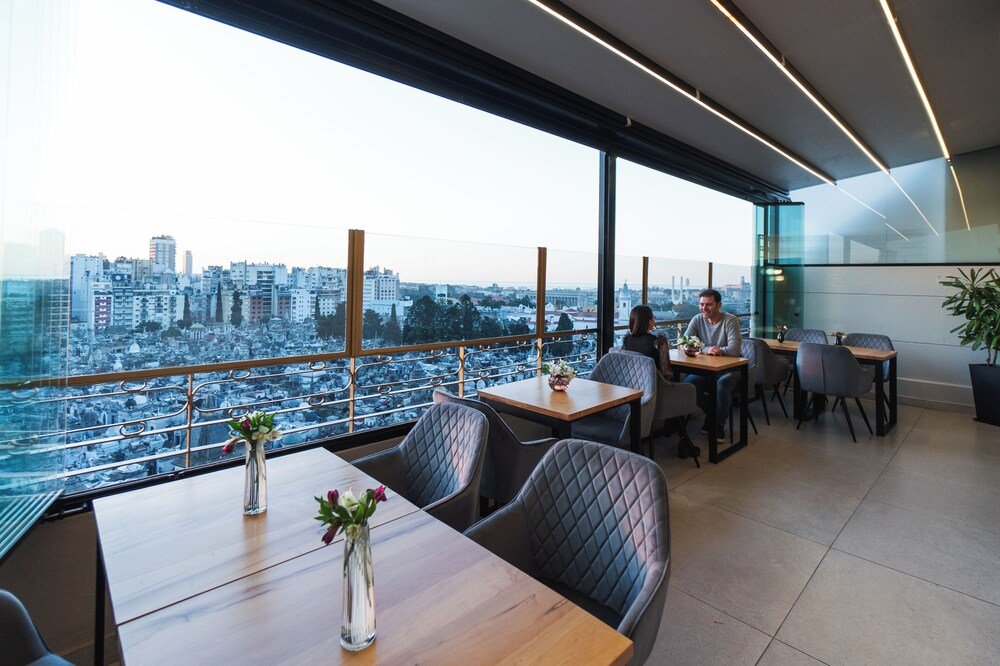 Modern dining area with large windows